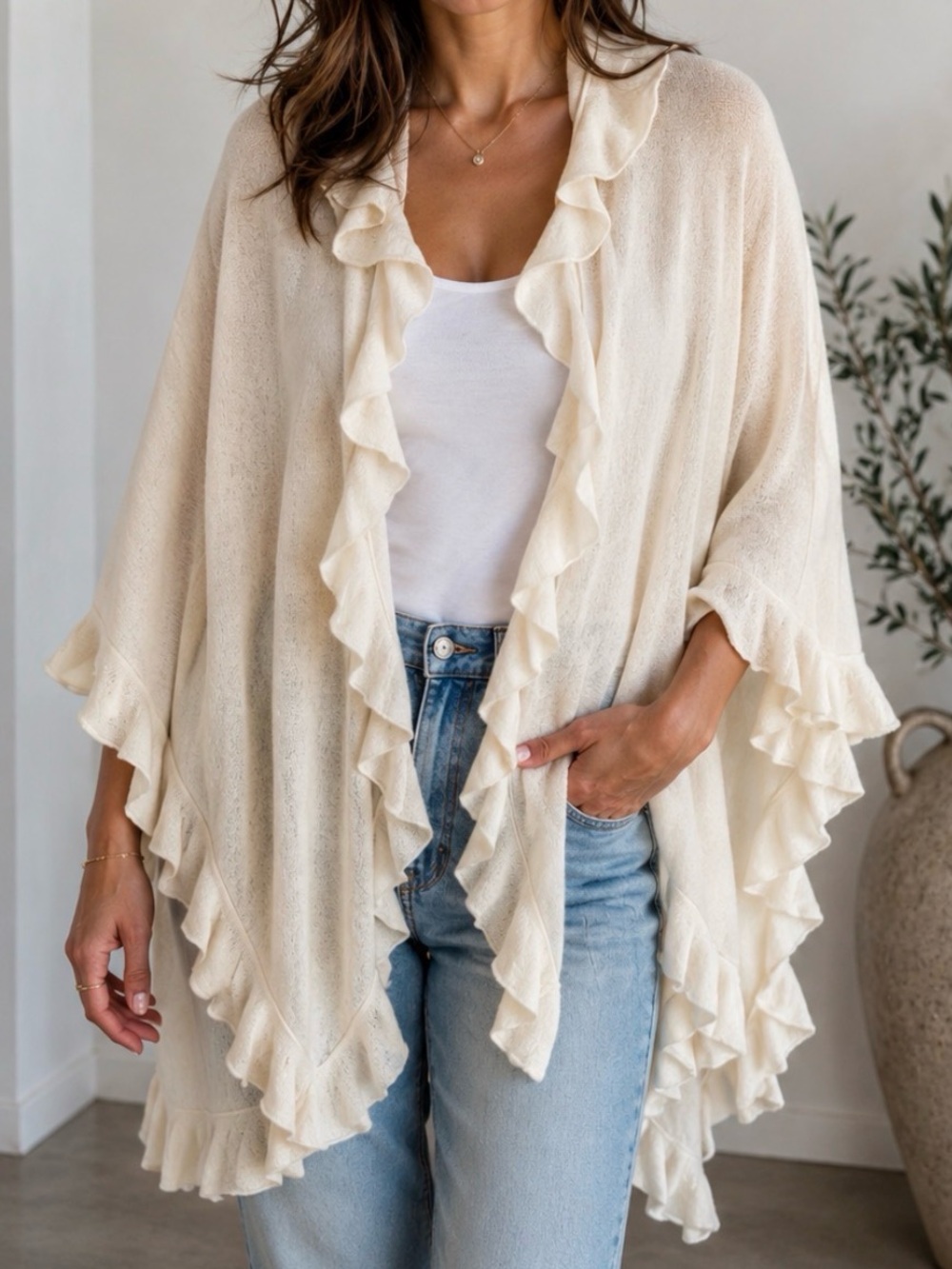 Claudia Nichole 100% Cashmere Poncho Cream Ruffle Trim Knit